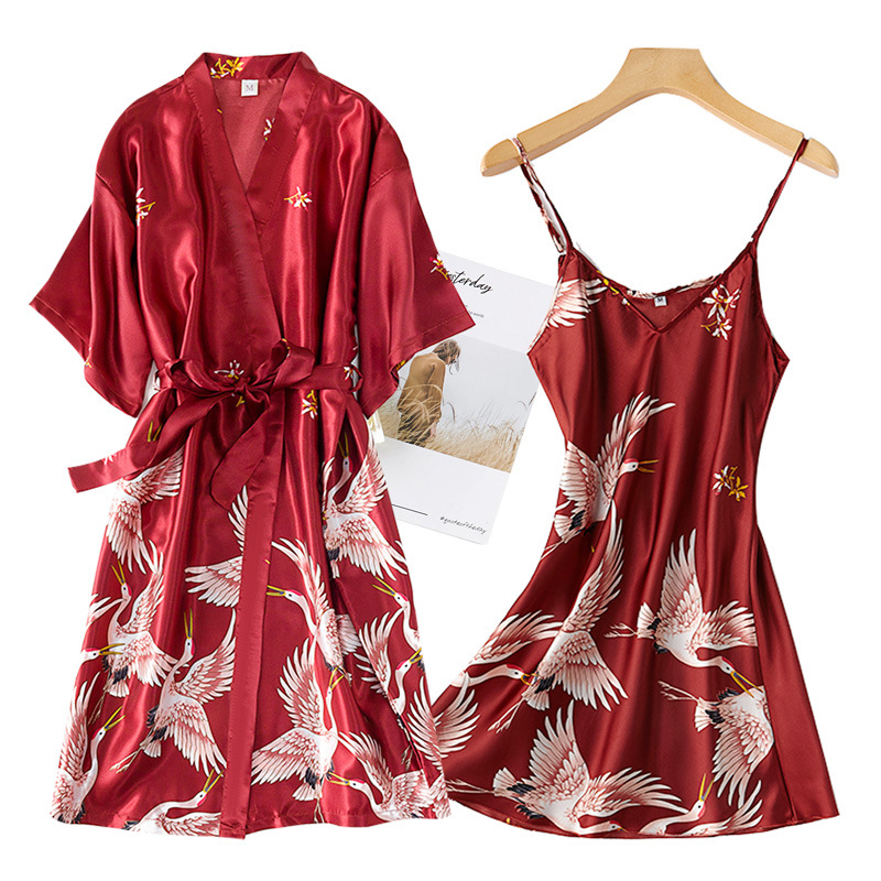 Burgundy Women 2PCS Faux Silk  - Robe Silk Women ulasan dan harga